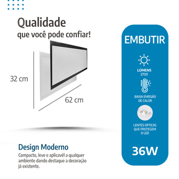 Painel led 32x62 36w Embutir Retangular Luminária